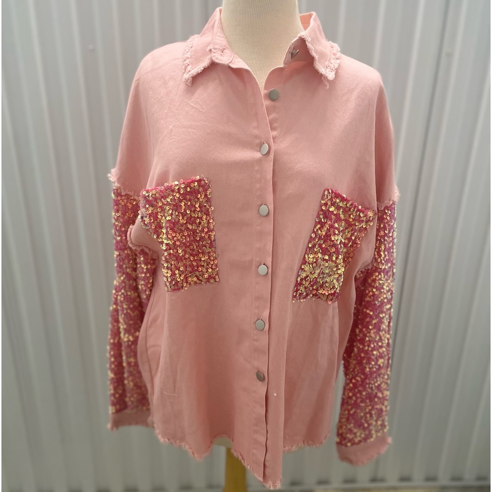 Pink Denim Overfit Sequin Sleeve Shacket